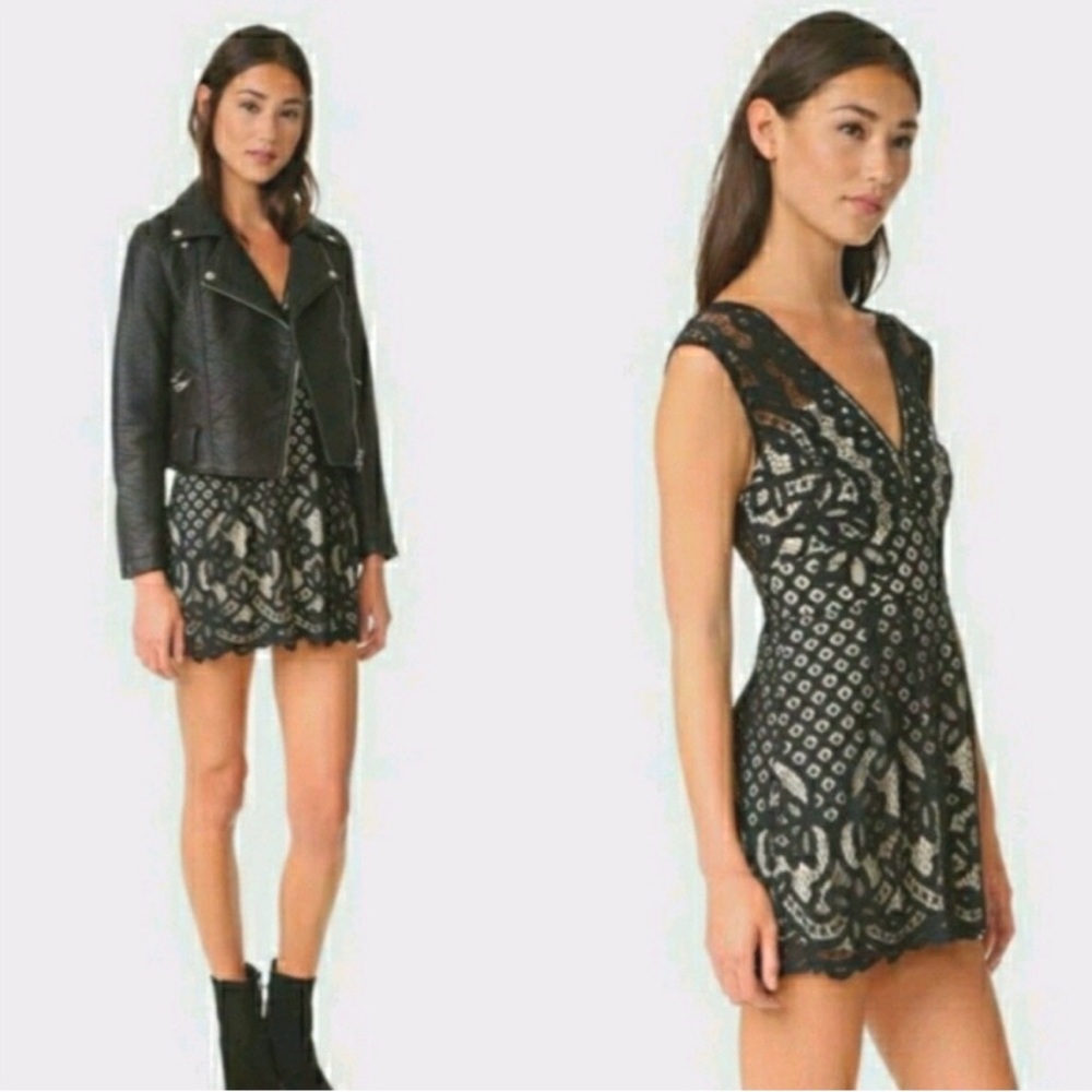 Free People One Million Lovers Black Lace + Cream Deep V-Neck Mini Dress | Sz 6